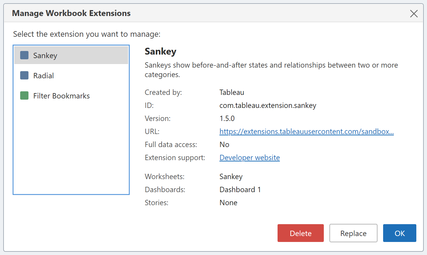 Cuadro de diálogo Manage Workbook Extensions de Tableau mostrando la lista de extensiones y los detalles de la extensión Sankey