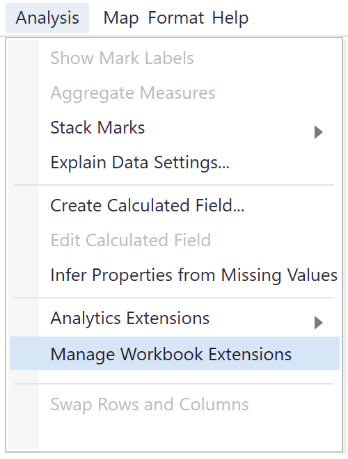 Menú Analysis de Tableau con la opción Manage Workbook Extensions resaltada