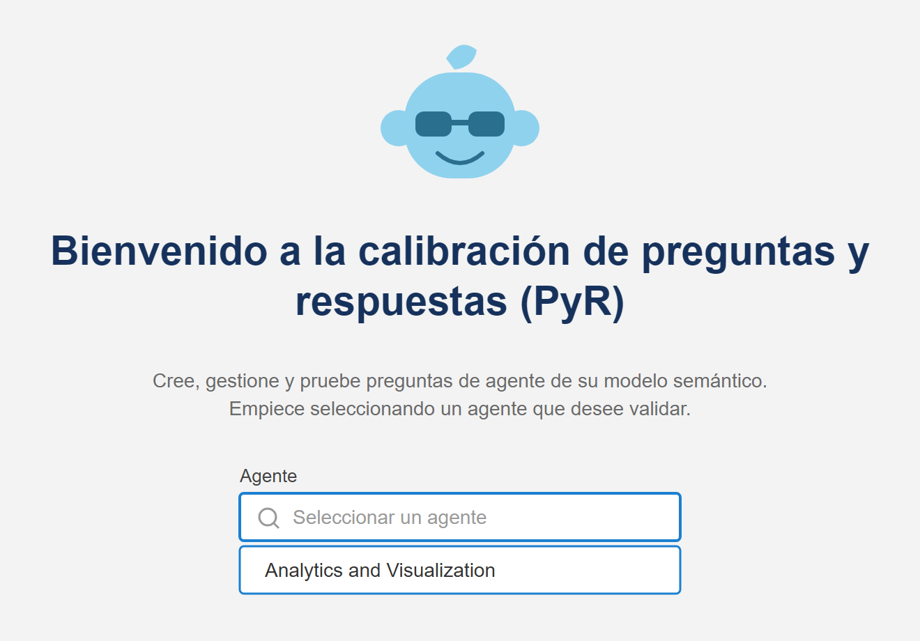 Pantalla de bienvenida de la calibración de preguntas y respuestas en Tableau Next con el selector de agente