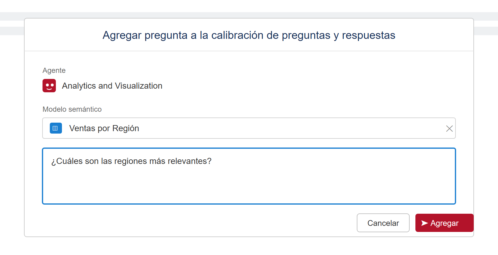 Cuadro para agregar una pregunta a la calibración seleccionando el modelo semántico en Tableau Next
