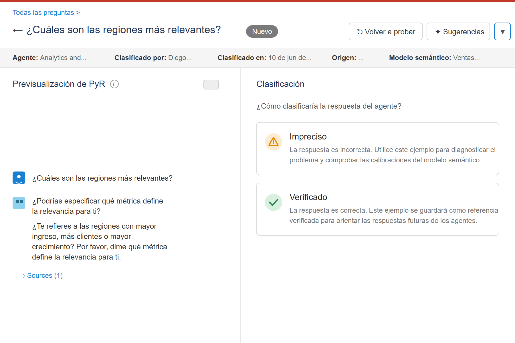 Panel de clasificación de una respuesta del agente como Impreciso o Verificado en Tableau Next