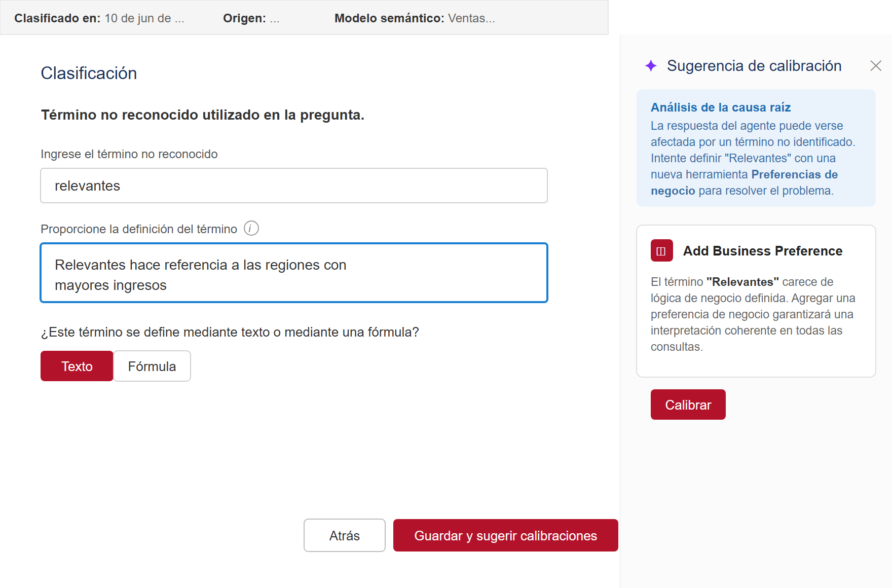 Definición de un término no reconocido y panel de sugerencia de calibración con preferencia de negocio en Tableau Next