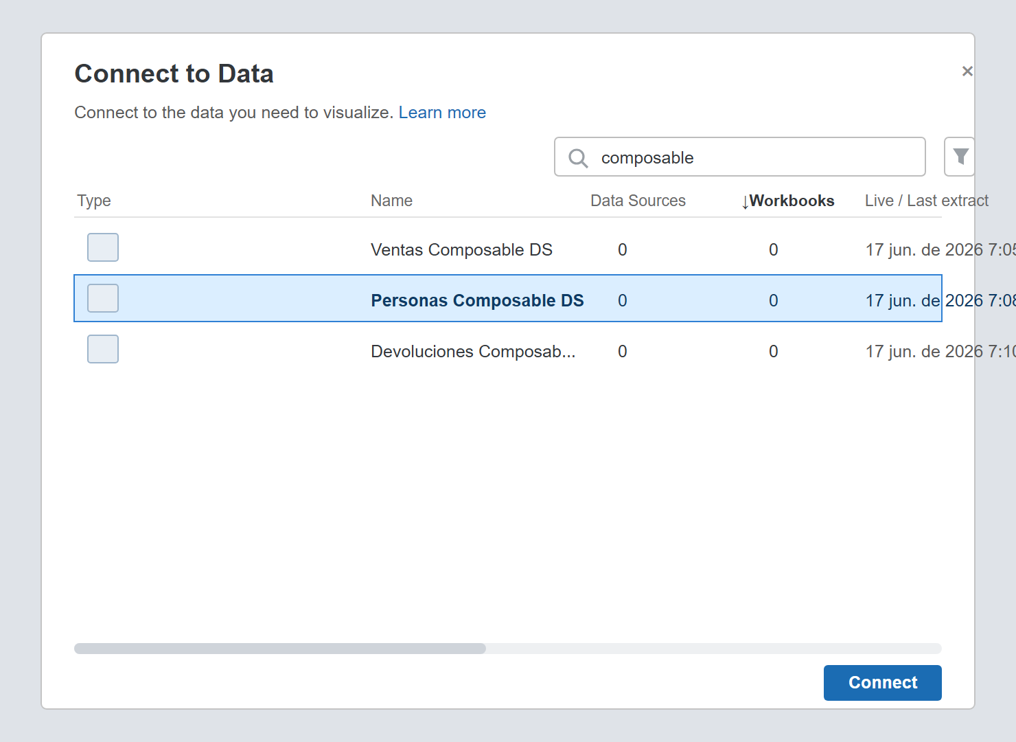 Cuadro de diálogo Connect to Data de Tableau con la búsqueda composable y la fuente Personas Composable DS seleccionada