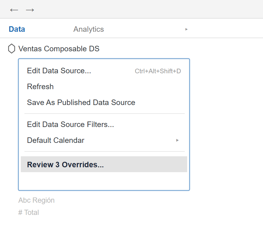 Menú de la fuente de datos en Tableau con la opción Review 3 Overrides resaltada