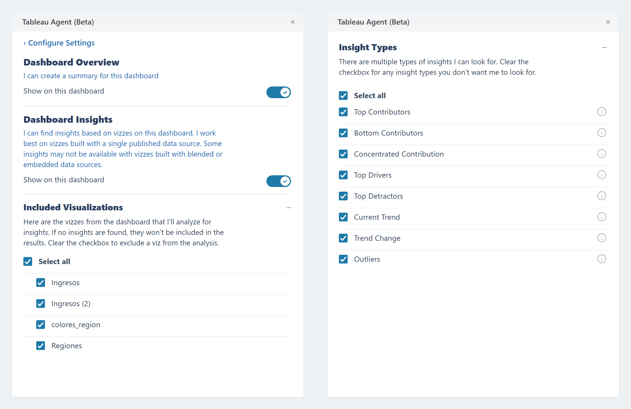 Pantalla Configure Settings de Tableau Agent con los interruptores, Included Visualizations e Insight Types