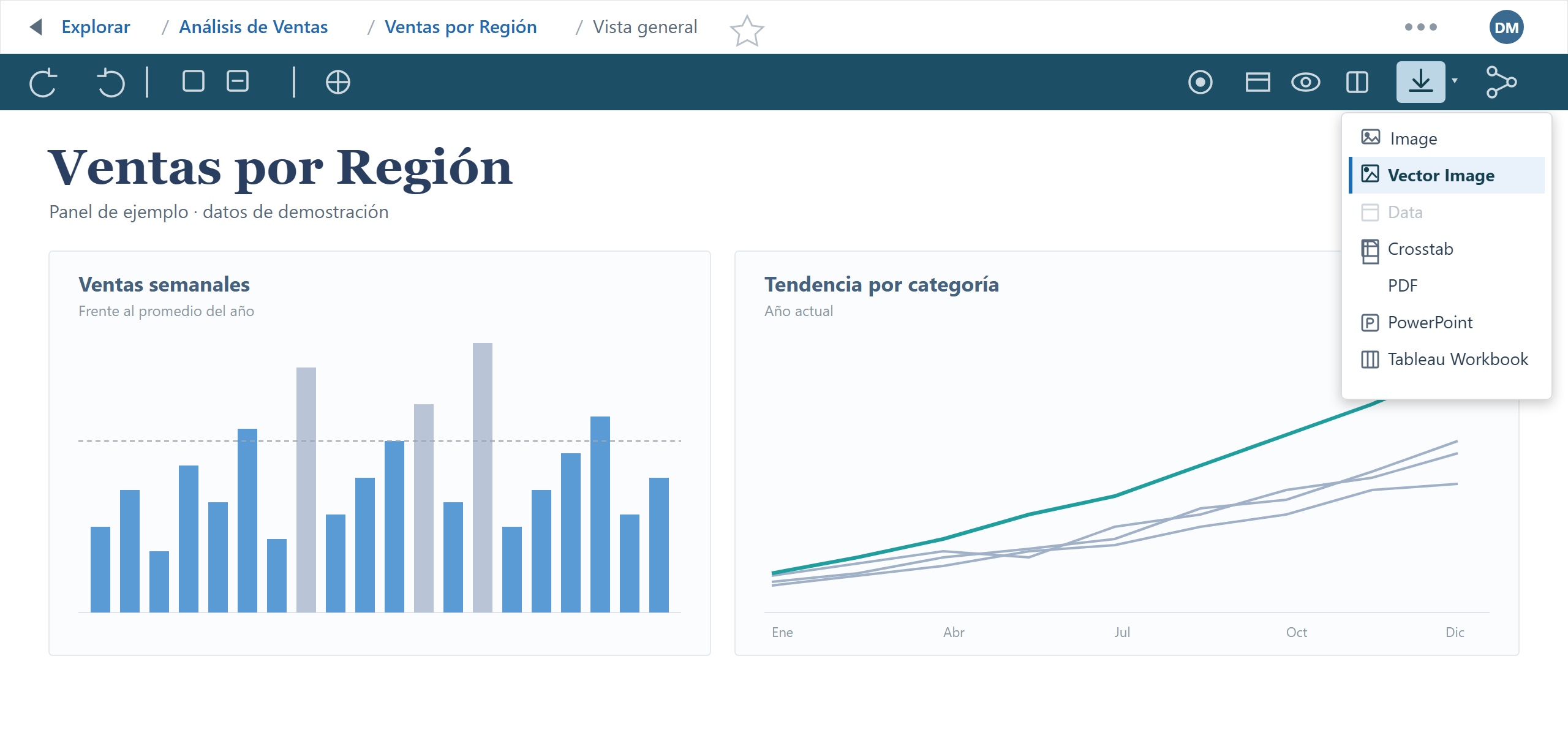 Menú de descarga de Tableau Cloud con la opción Vector Image resaltada para descargar la vista como imagen SVG