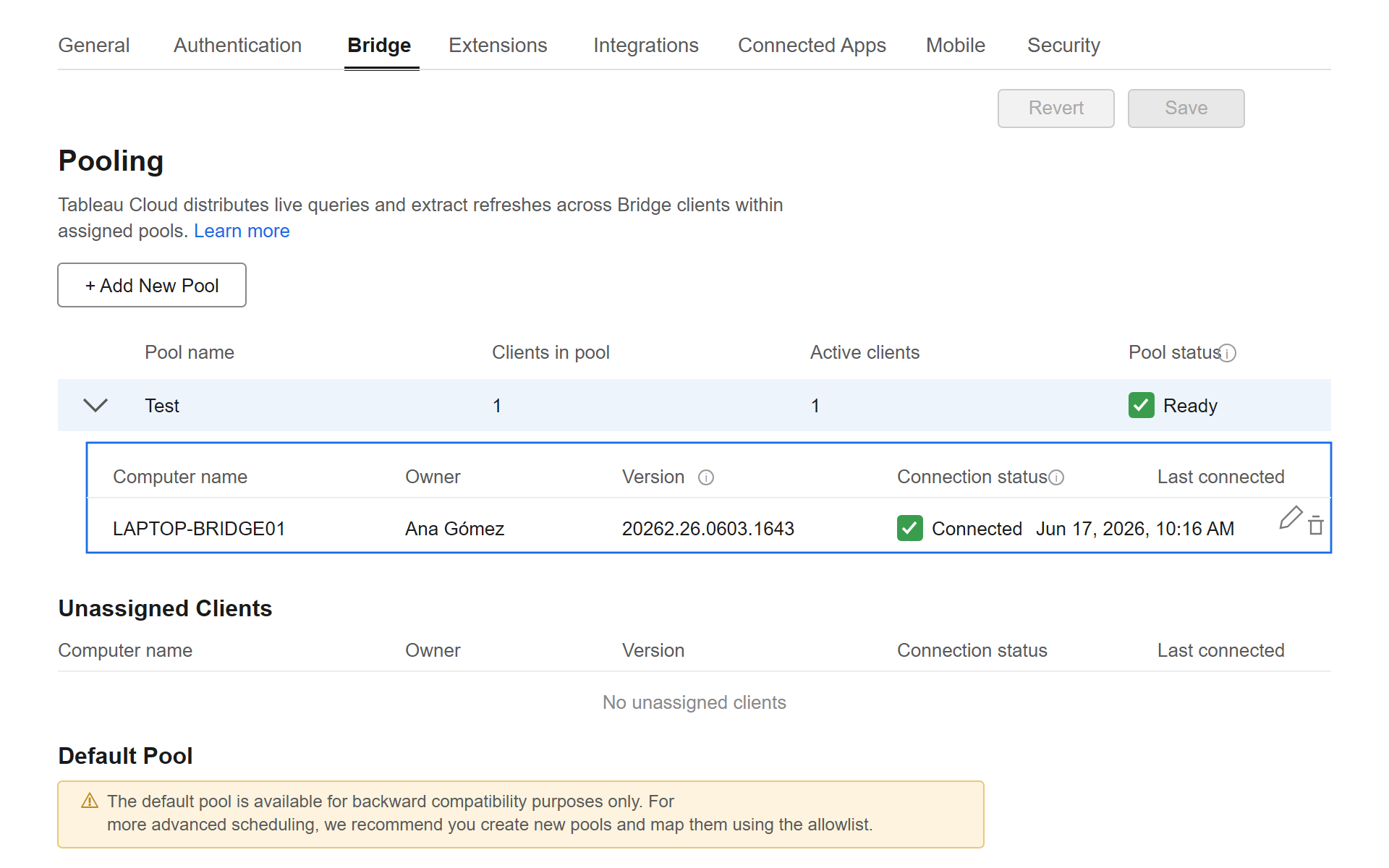 Pestaña Bridge de la Configuración de Tableau Cloud con la sección Pooling y un pool activo en estado Ready