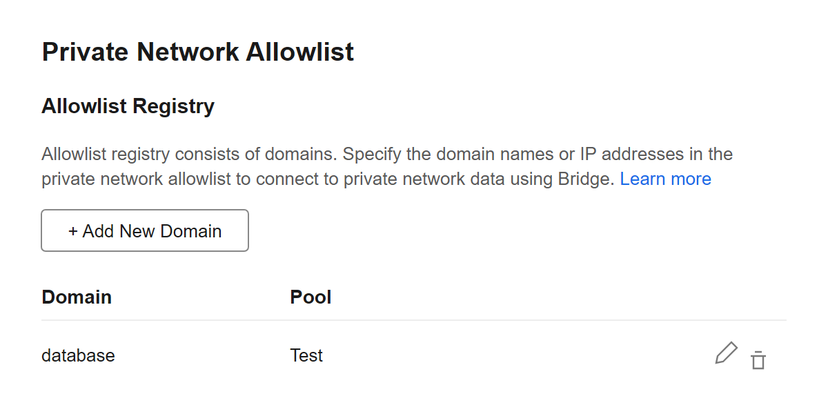 Sección Private Network Allowlist de Tableau Cloud con una entrada que asocia el dominio database al pool Test