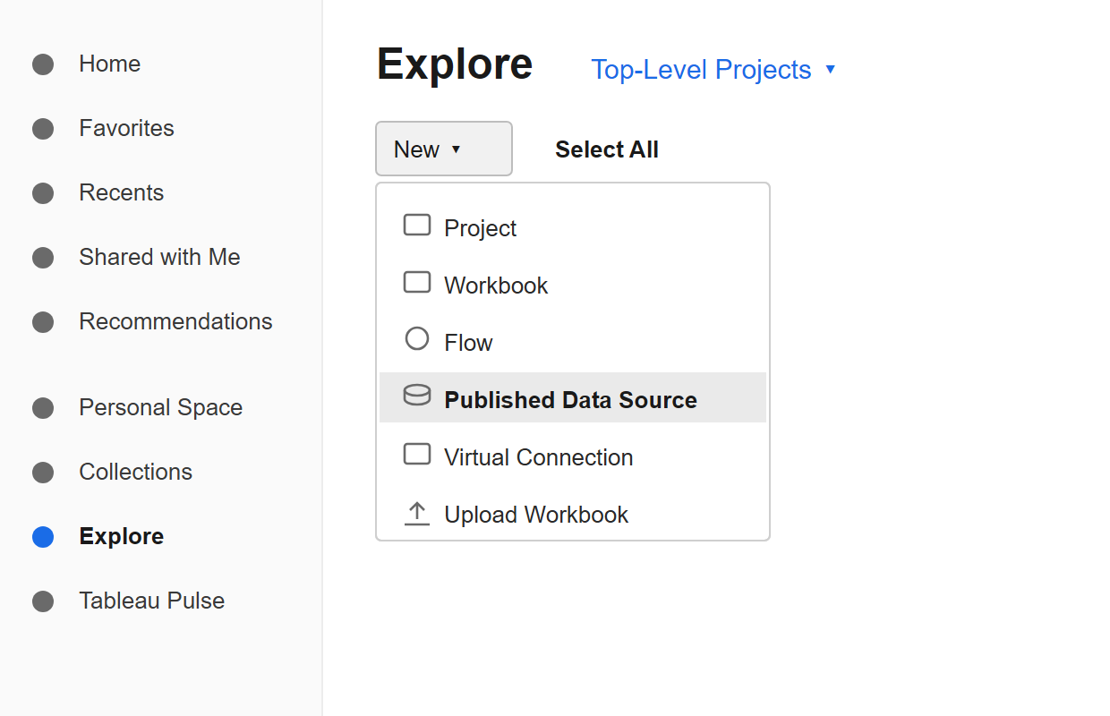 Menú New de la página Explore de Tableau Cloud con la opción Published Data Source resaltada