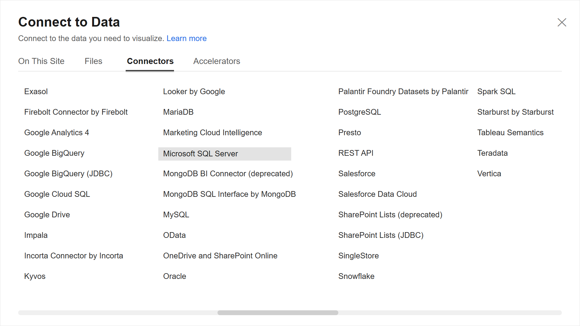 Cuadro de diálogo Connect to Data de Tableau Cloud en la pestaña Connectors con Microsoft SQL Server seleccionado