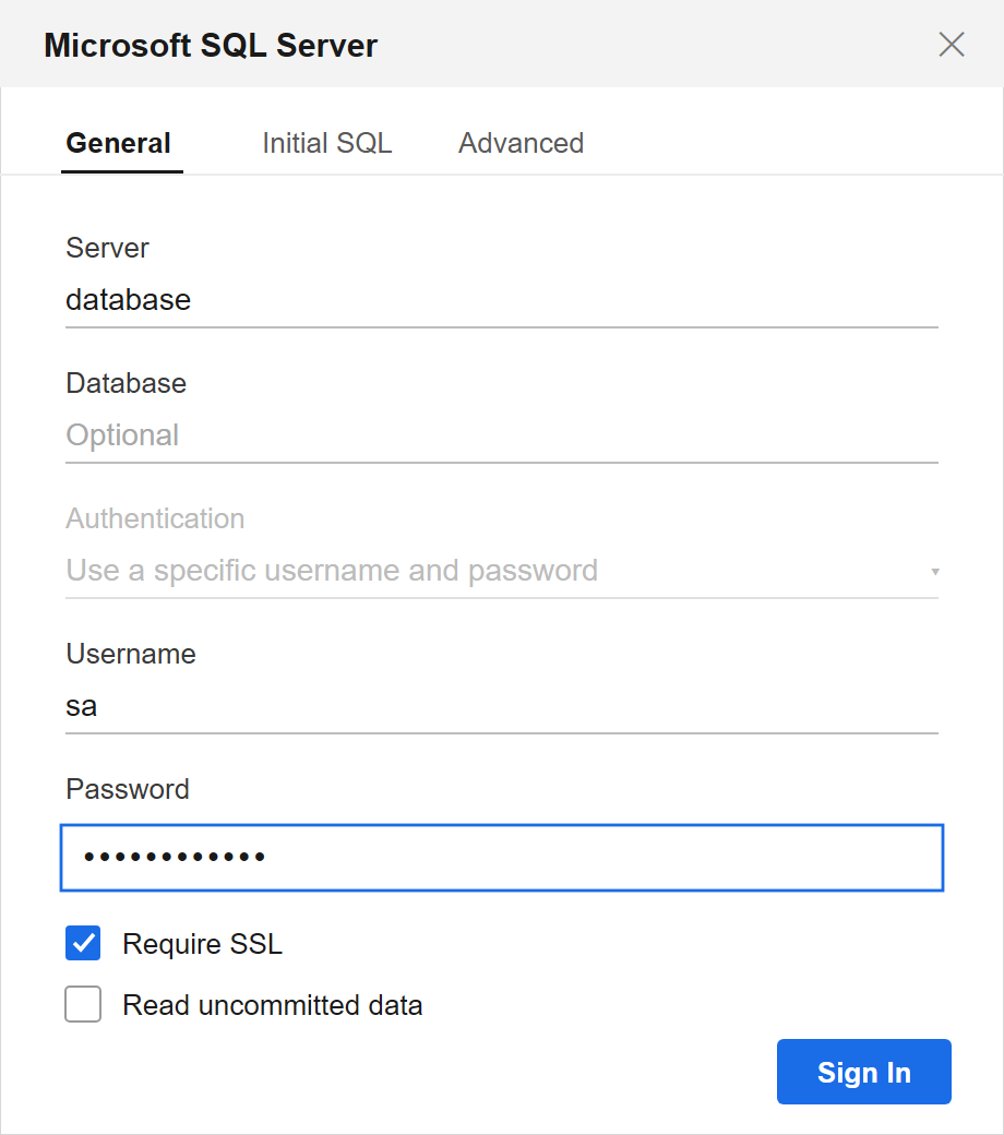Cuadro de diálogo de conexión de Microsoft SQL Server en Tableau Cloud con el servidor database y la opción Require SSL marcada