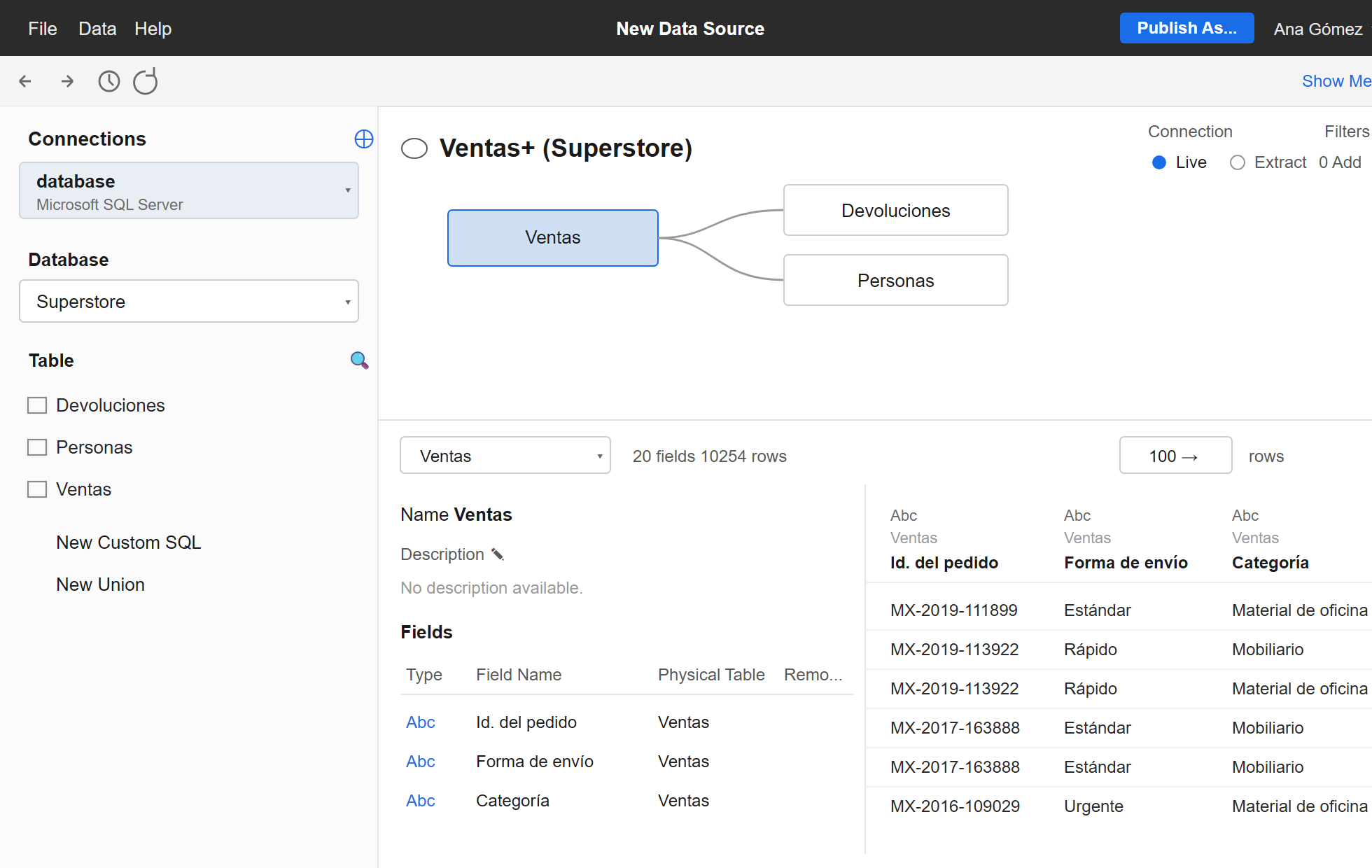 Edición web de una nueva fuente de datos en Tableau Cloud con el modelo Ventas+ (Superstore) conectado a Microsoft SQL Server mediante Bridge