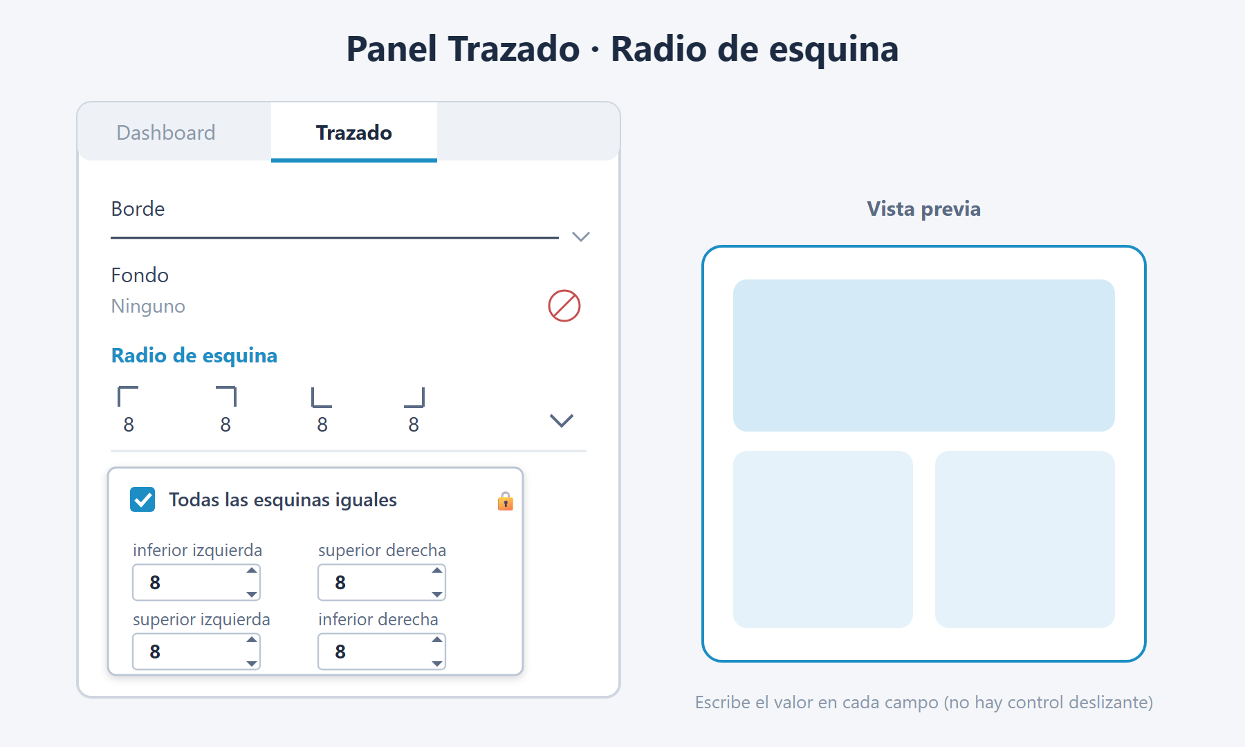 Panel Trazado de Tableau mostrando la sección Radio de esquina con la opción Todas las esquinas iguales