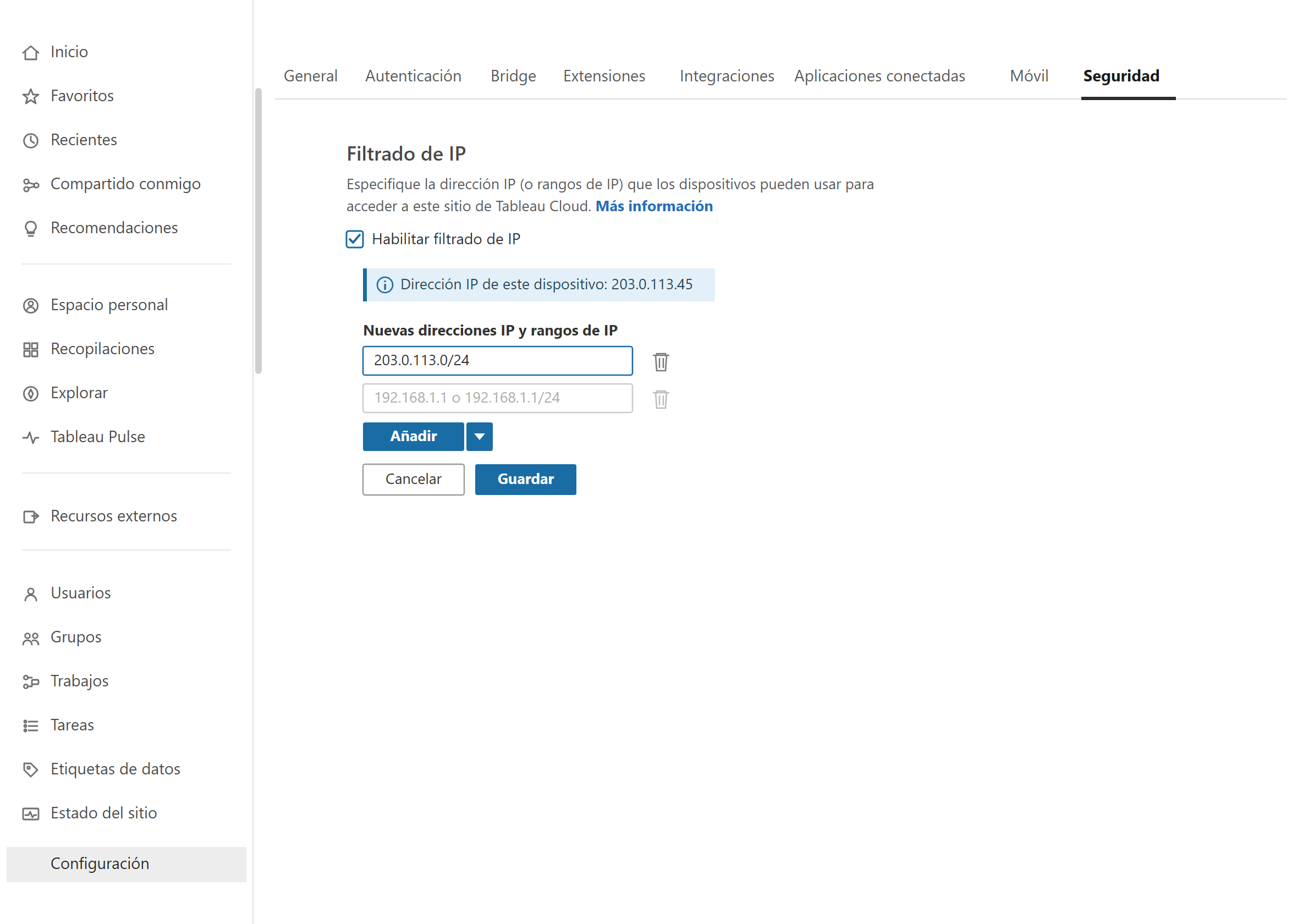Página de Configuración de Tableau Cloud con la pestaña Seguridad y la sección Filtrado de IP habilitada
