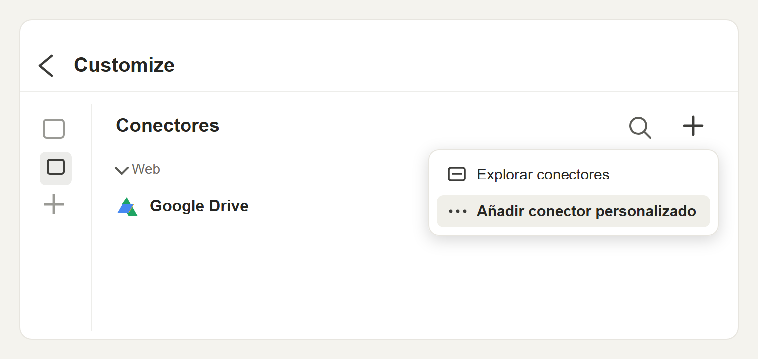 Menú de Conectores en Claude Desktop con la opción Añadir conector personalizado resaltada