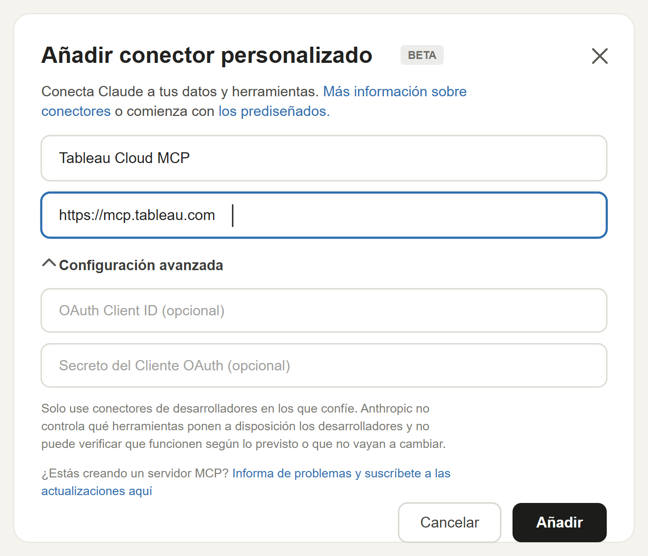 Diálogo Añadir conector personalizado de Claude con la URL https://mcp.tableau.com