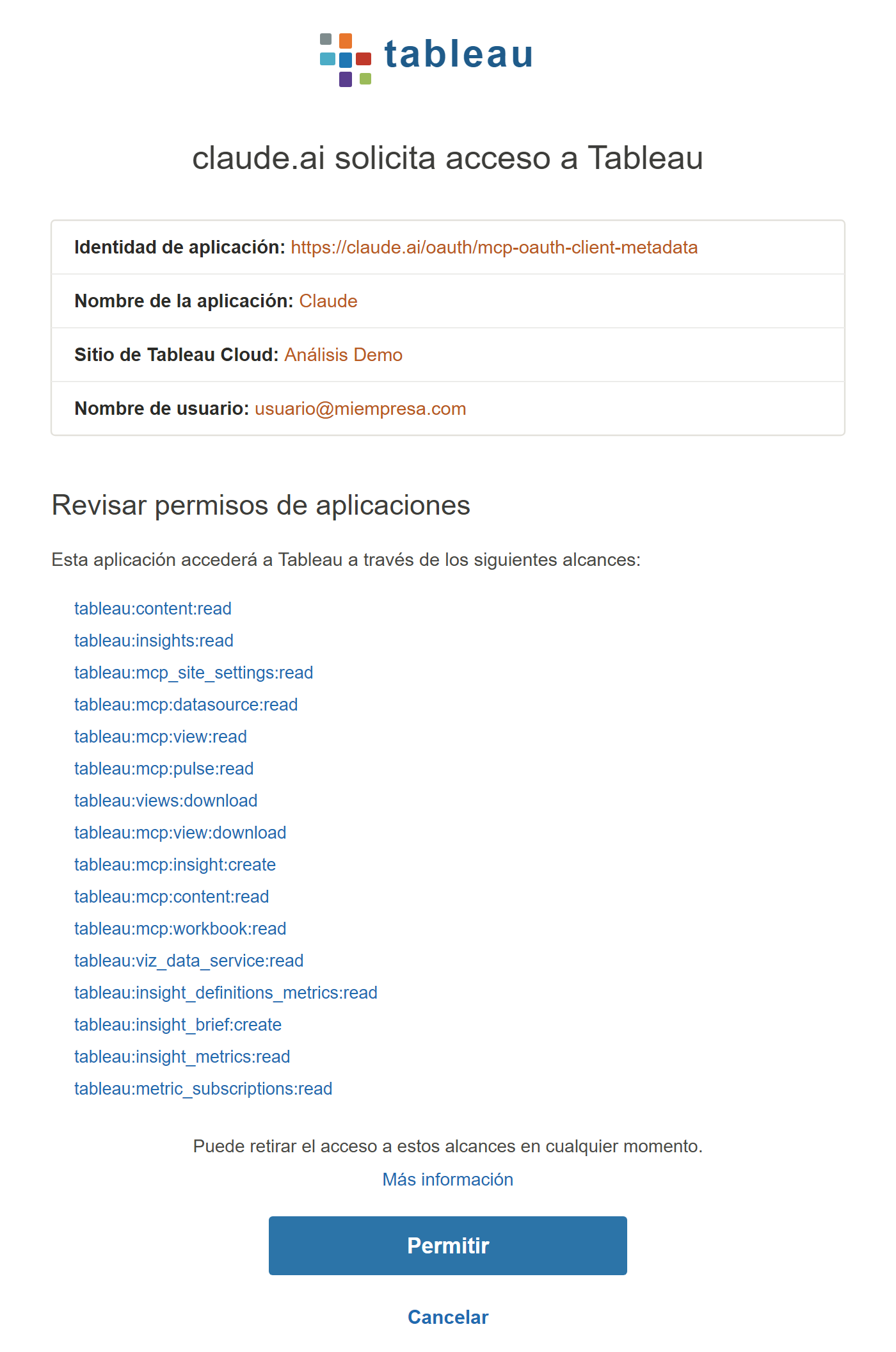 Pantalla de consentimiento OAuth de Tableau Cloud mostrando los alcances que solicita la aplicación Claude