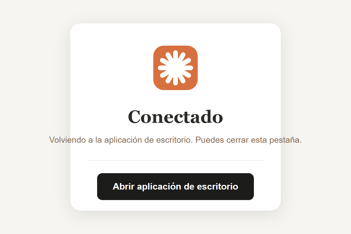 Mensaje Conectado confirmando la autorización y el regreso a la aplicación de escritorio de Claude