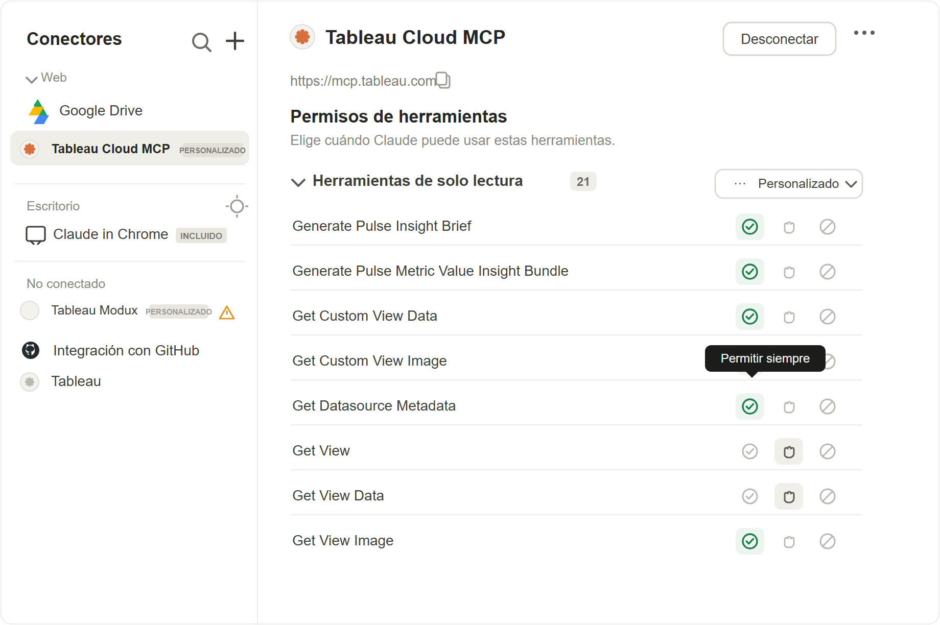 Panel de Permisos de herramientas de Tableau Cloud MCP en Claude con las 21 herramientas de solo lectura y sus estados permitir, preguntar y denegar
