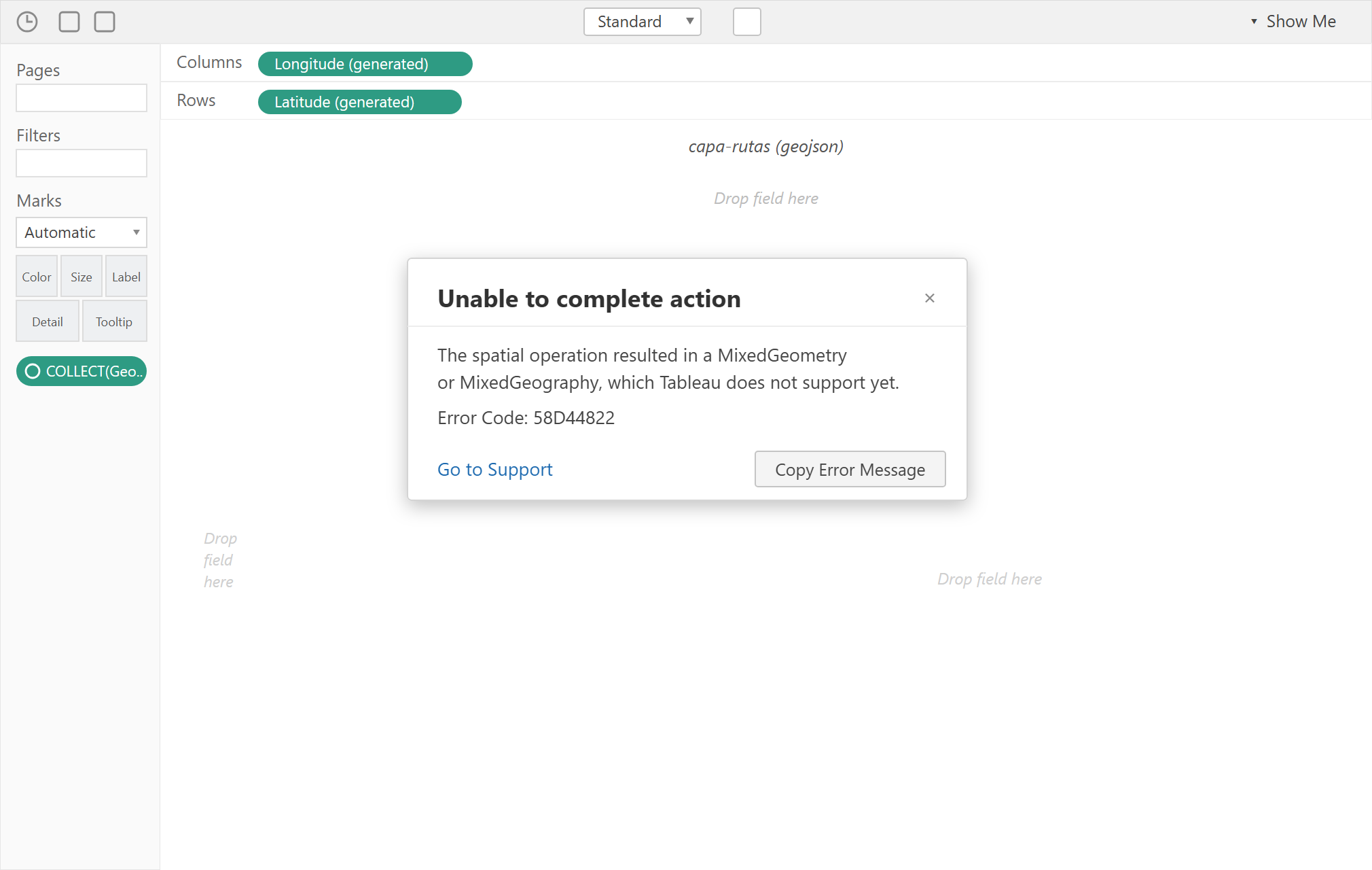 Error de Tableau Unable to complete action por MixedGeometry o MixedGeography en versiones anteriores a 2026.1