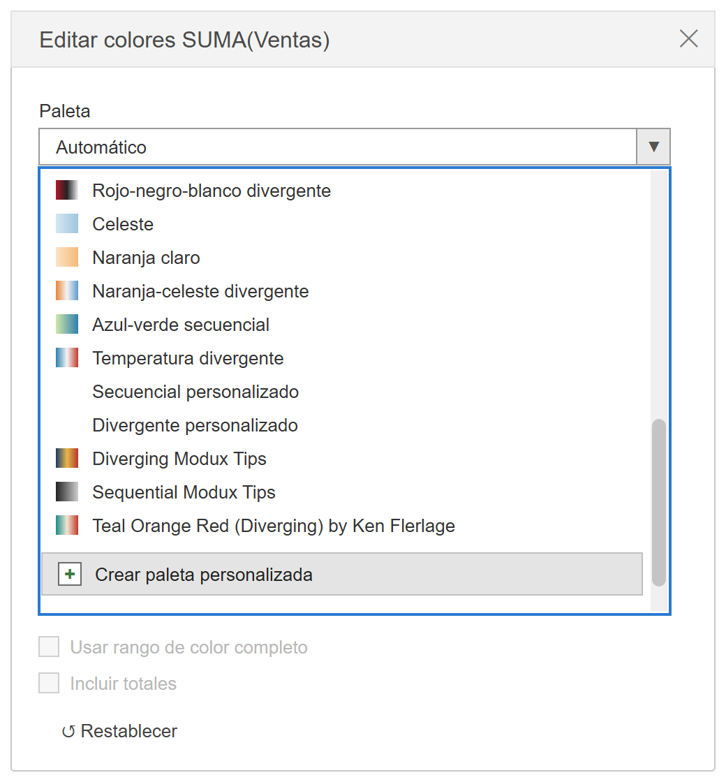 Menú Editar colores de Tableau con el desplegable Paleta abierto mostrando la opción Crear paleta personalizada