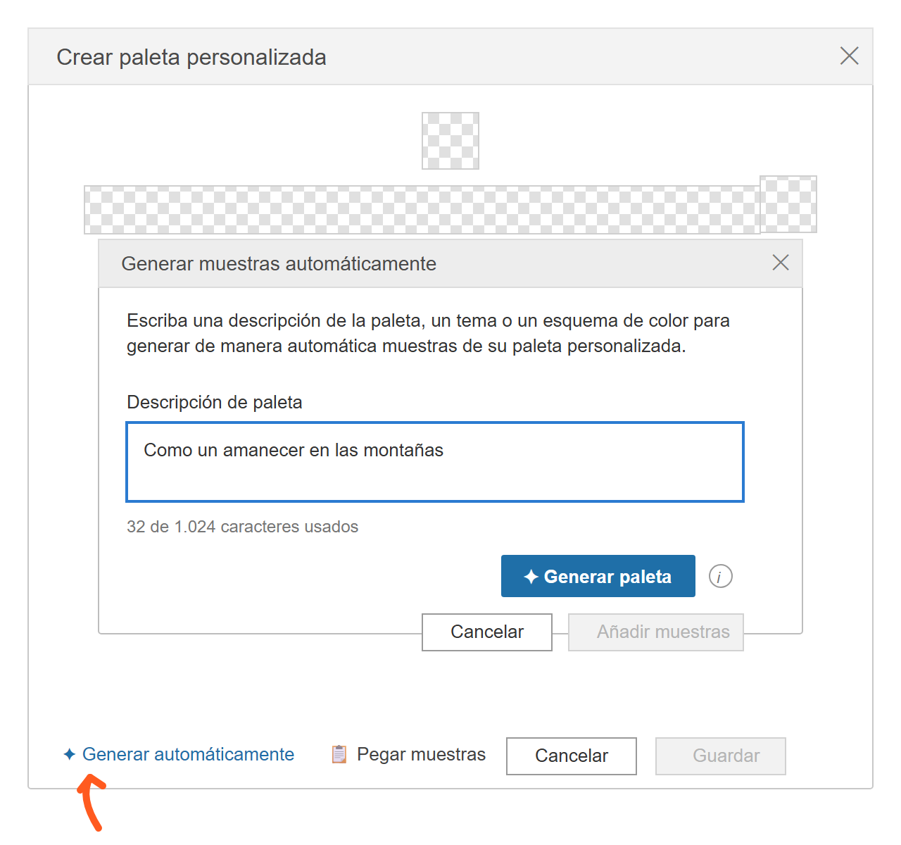 Cuadro Generar muestras automáticamente de Tableau con el campo Descripción de paleta y el botón Generar paleta