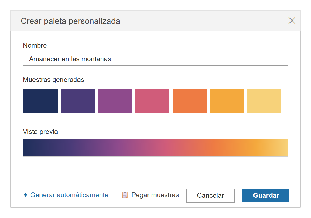 Paleta de colores generada por IA en Tableau con muestras tipo amanecer listas para guardar