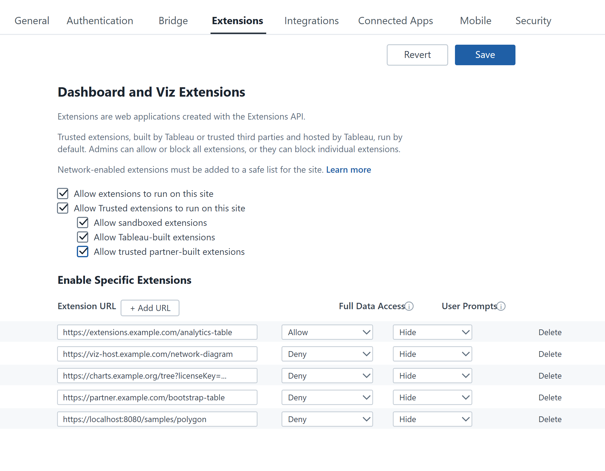 Pantalla Configuración Extensiones de Tableau Cloud con las casillas para permitir extensiones y la lista Enable Specific Extensions con columnas Extension URL, Full Data Access y User Prompts