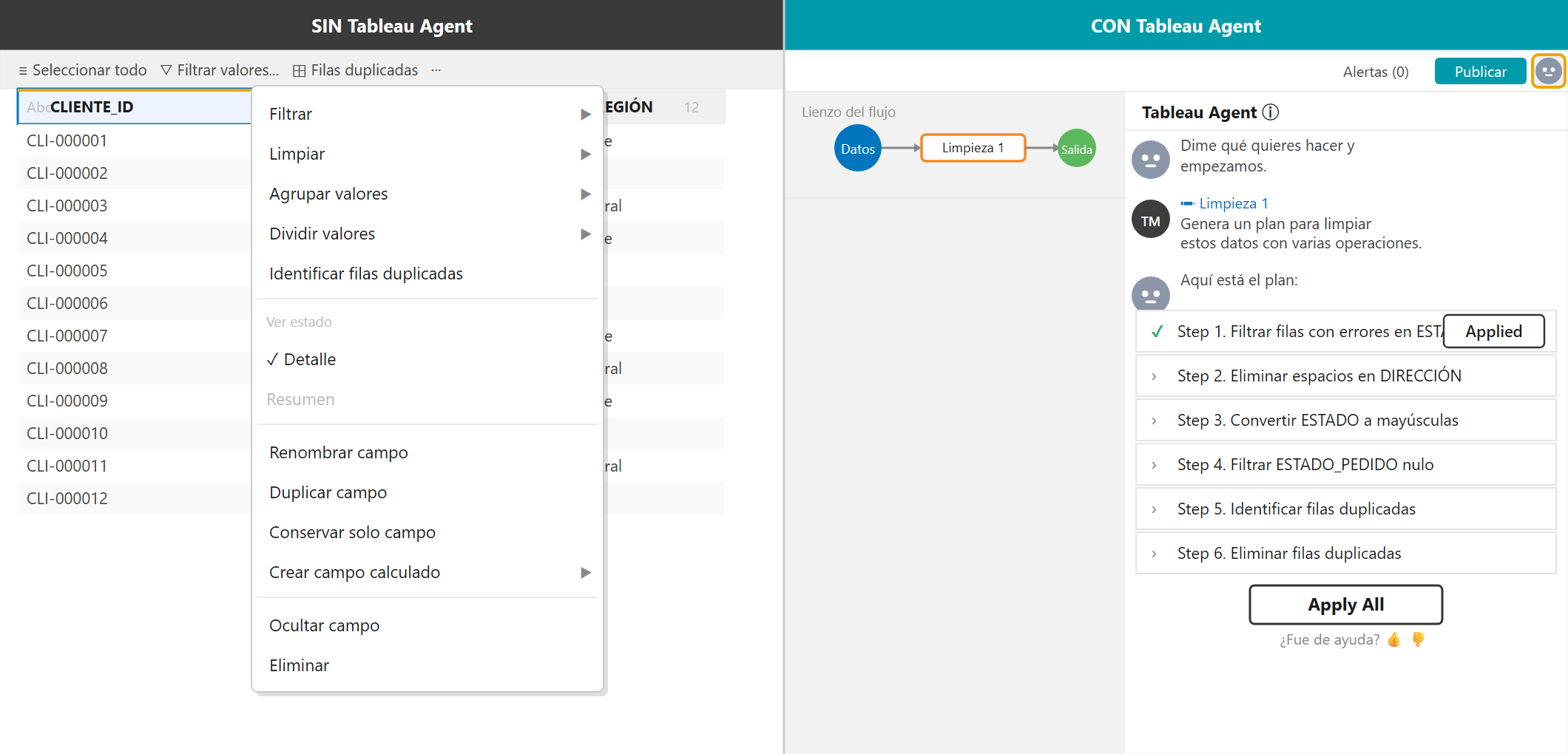 Sin Tableau Agent: menú contextual manual en Tableau Prep con opciones Filtrar, Limpiar y Dividir valores; frente a Con Tableau Agent: panel de conversación con plan de pasos generado en lenguaje natural