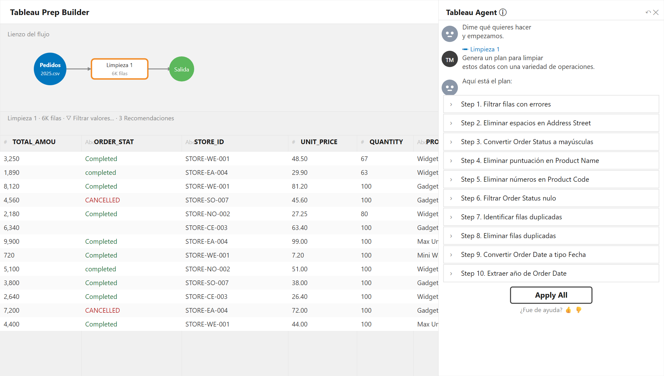 Interfaz de Tableau Prep Builder con Tableau Agent mostrando un plan de 10 pasos de limpieza generado desde lenguaje natural, botón Apply All y previsualización de datos con valores inconsistentes resaltados