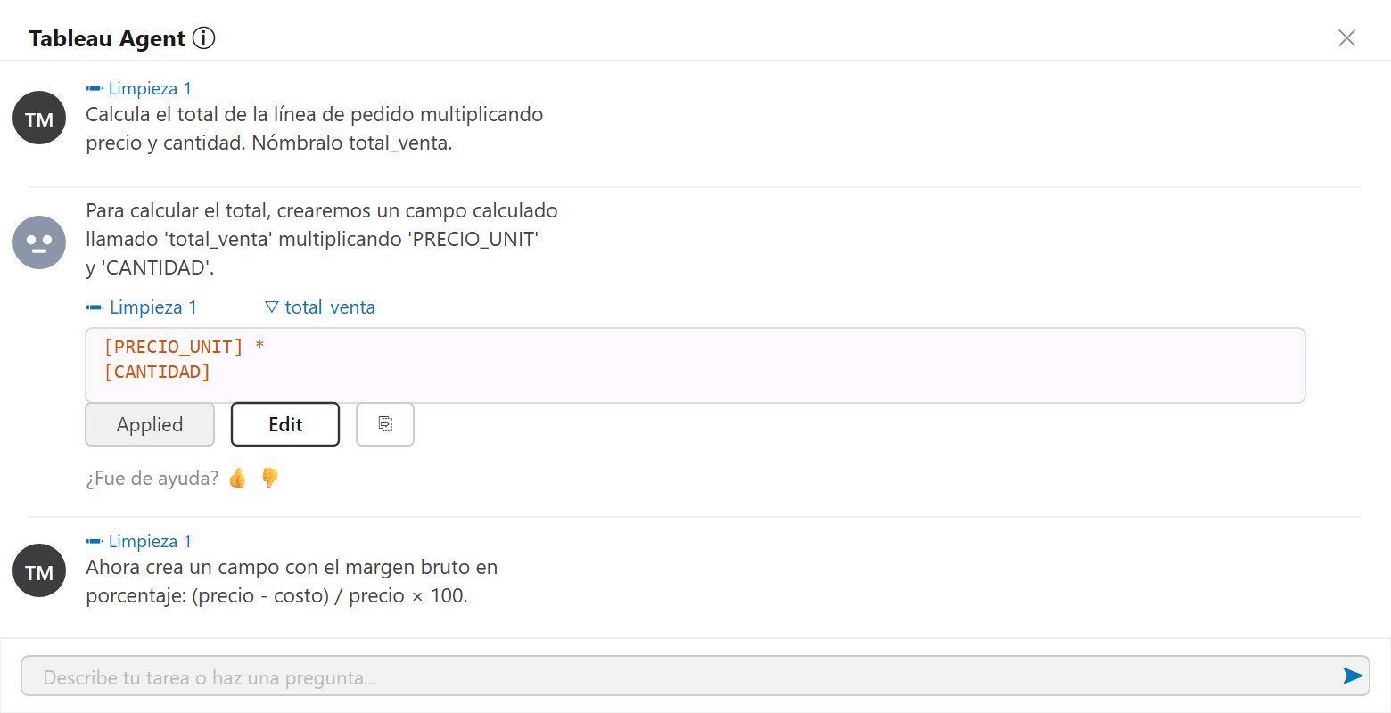 Conversación con Tableau Agent en Tableau Prep para crear el campo calculado total_venta: fórmula PRECIO_UNIT × CANTIDAD generada automáticamente con botones Applied y Edit
