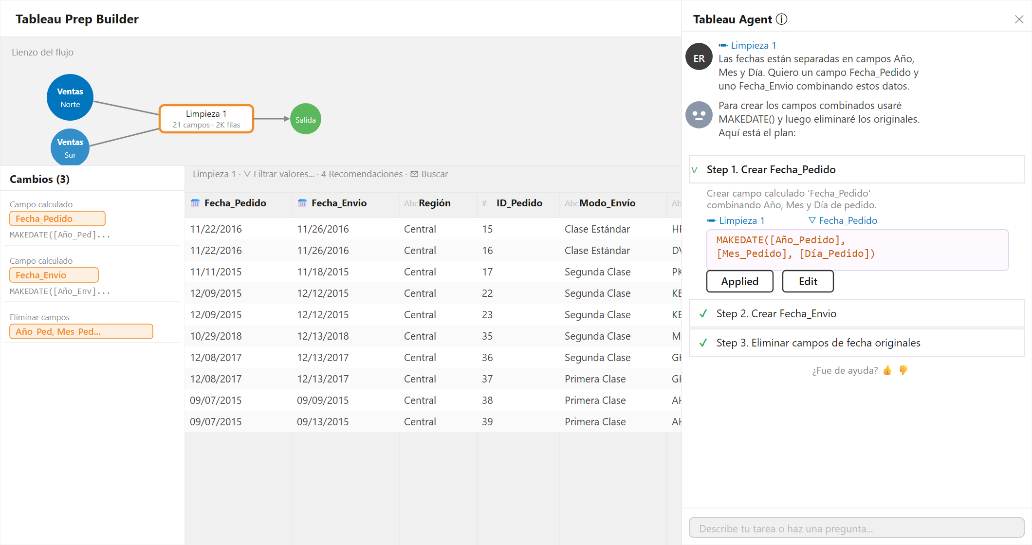 Tableau Prep Builder con Tableau Agent mostrando el plan para crear Fecha_Pedido y Fecha_Envio con MAKEDATE() a partir de campos separados de Año, Mes y Día, con fórmula visible y pasos aplicados