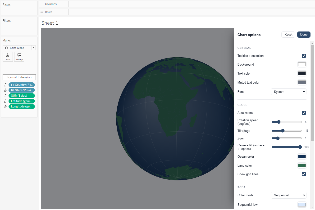 Config modal of the Sales Globe Embedded Viz Extension showing Chart options panels for General settings, Globe controls (rotation speed, tilt, zoom, camera tilt, ocean and land color) and Bars color mode