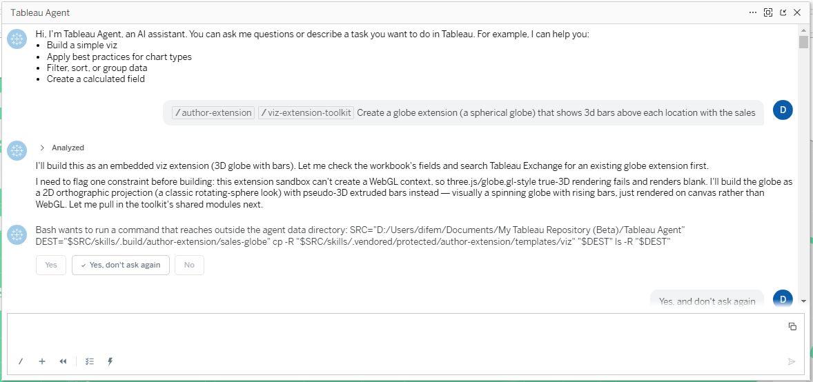 Tableau Agent chat window showing a user prompt combining /author-extension and /viz-extension-toolkit to build a 3D globe extension with sales data bars