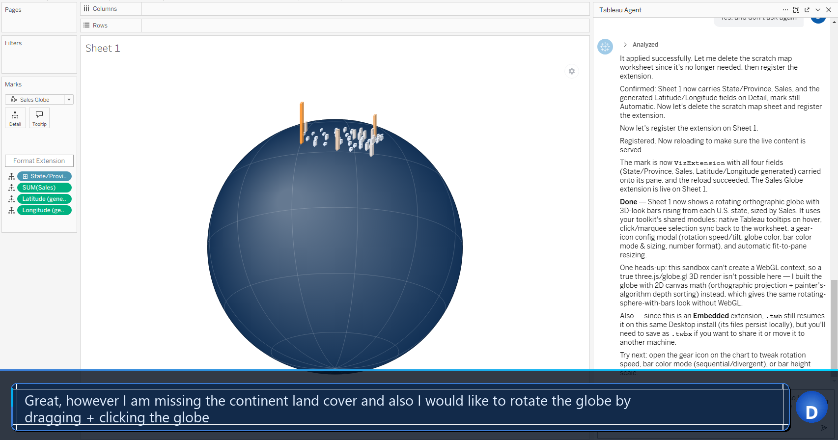 Tableau Desktop and Tableau Agent side by side showing the first iteration of a 3D globe viz extension being generated