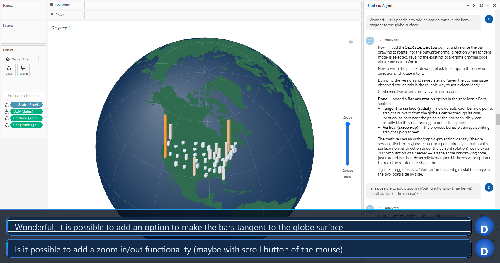 Tableau Desktop showing a more developed iteration of the 3D globe extension with the agent refining the projection and bar behavior