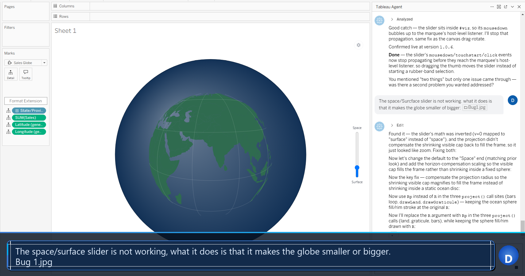Further iteration of the globe extension in Tableau Desktop—the orthographic projection is refined and color is improved