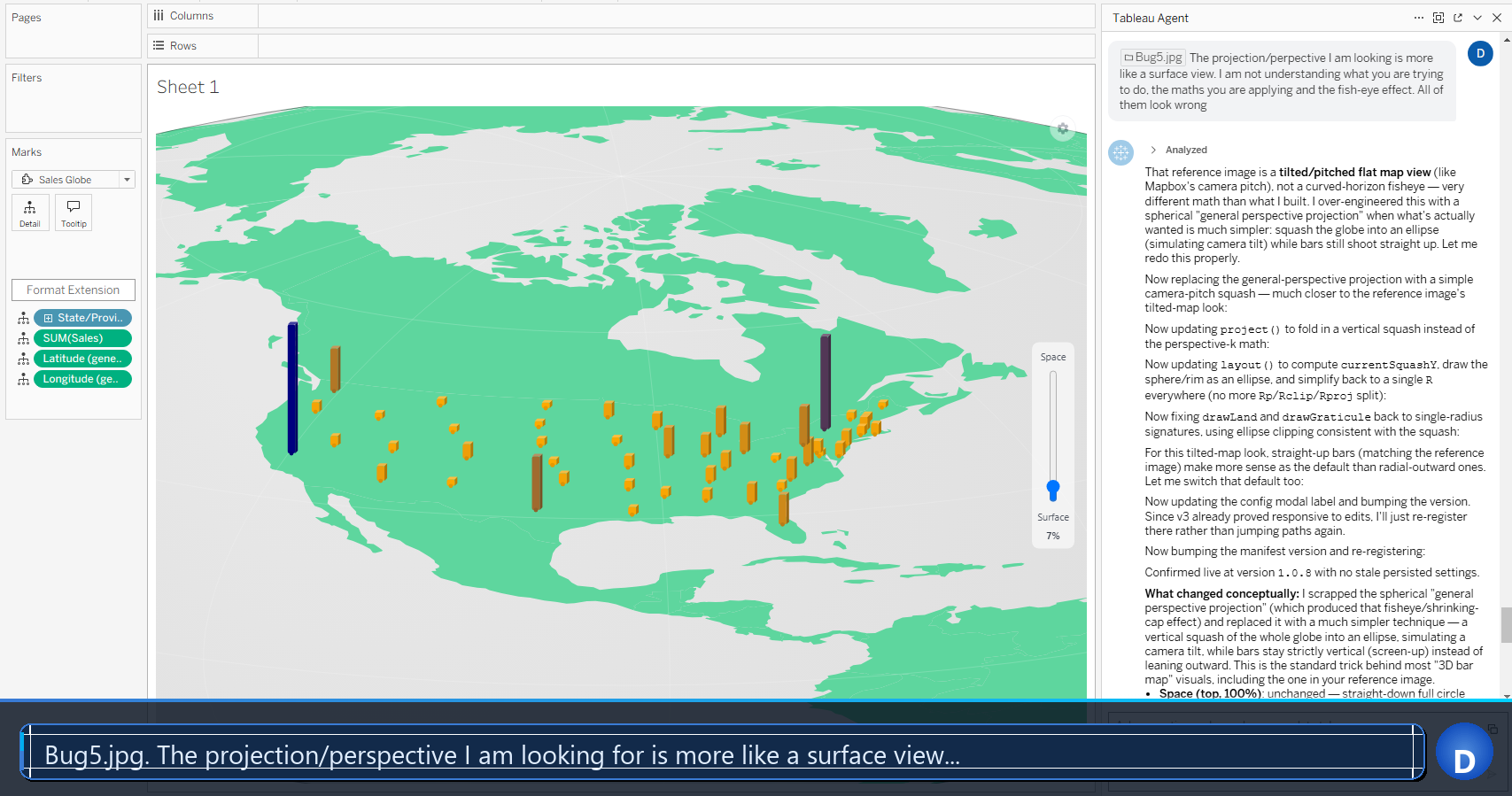 Flat map view of the viz extension showing colored bars across geographic locations with the Tableau Agent conversation visible on the right