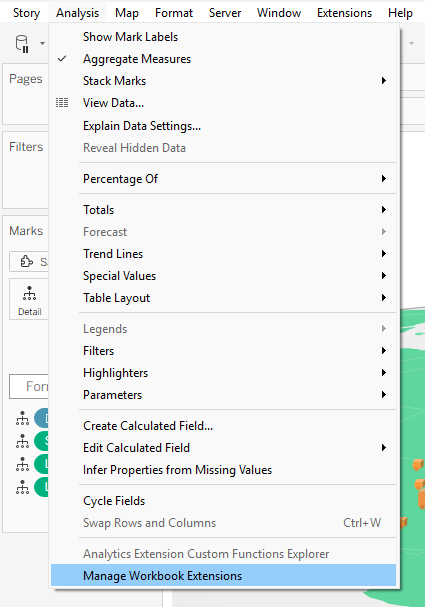 Tableau Desktop Analysis menu with the Manage Workbook Extensions option highlighted in blue