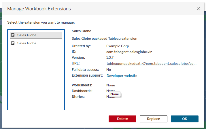 Manage Workbook Extensions dialog in Tableau showing two duplicate Sales Globe extension registrations—one of which should be deleted