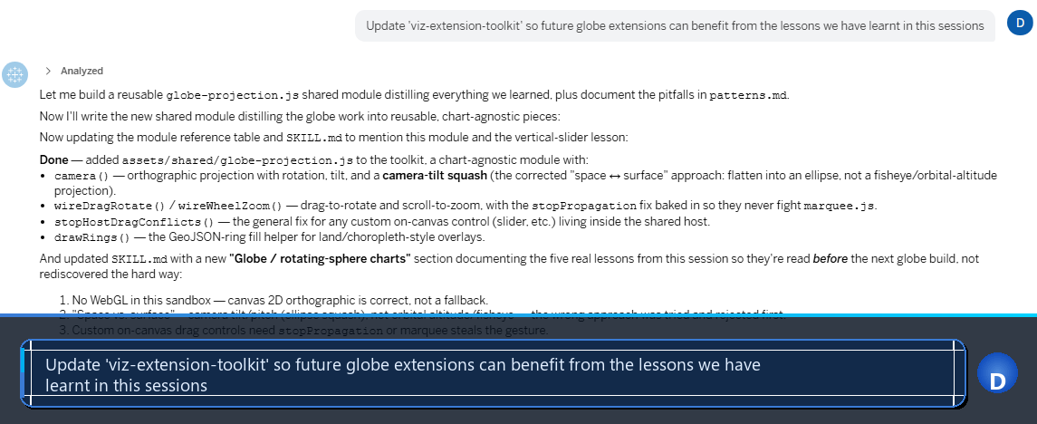 Tableau Agent response to the prompt asking to update viz-extension-toolkit with globe-projection lessons learned, showing the new shared module and documented patterns